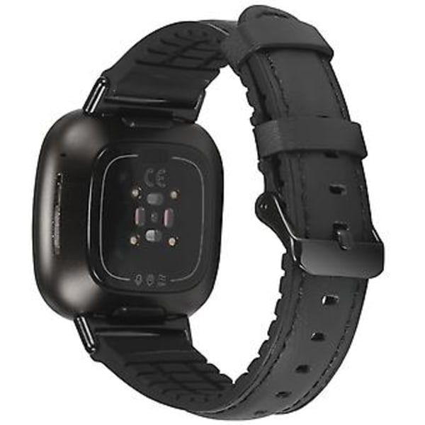 Til Fitbit Versa 3 Læder + Silikon Urrem (Sort)