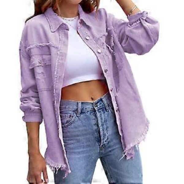 Løs Rippet Denimjakke Slitesterk Vellaget Hudvennlig Blazer For Vår Sommer Høst Daglig Bruk (L Lys Lilla)