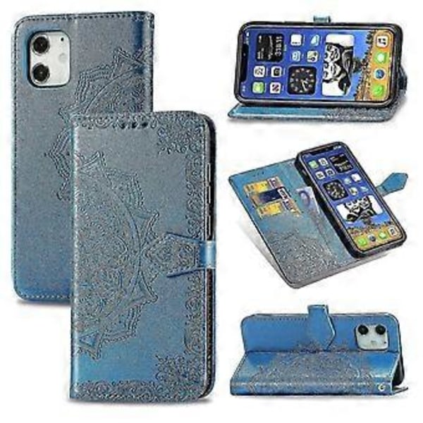 Iphone 11 Etui Læder Wallet Cover Præget Mandala Magnetisk Flip Beskyttelse Stødsikker - Blå