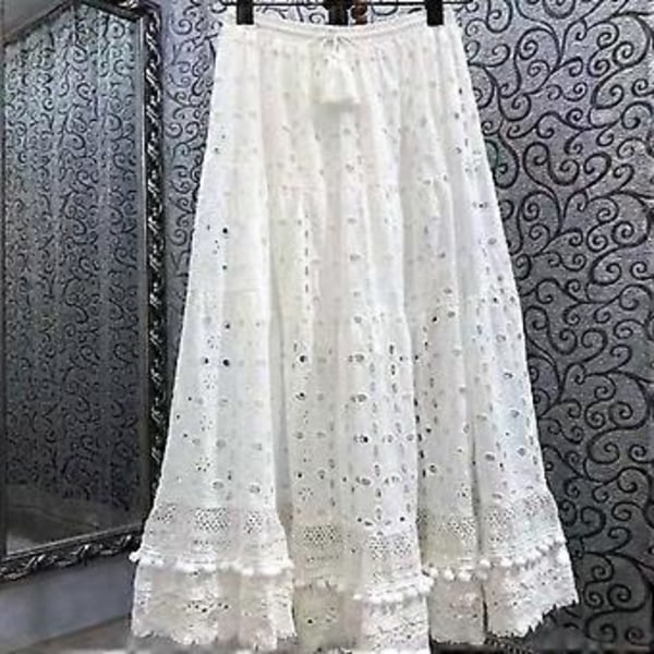 15% RABATT Mote Dame Sommer Casual Fargebrodert Lagdelt Maxi Skjørt (Hvit)