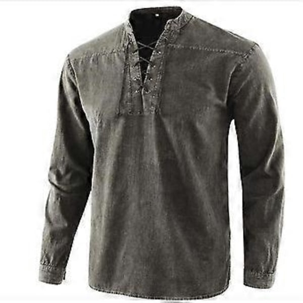 Herre Vintage Stil Skjorte Ensfarvet Langærmet Afslappet Snøre Bluse Toppe -NMAOV(3XL Grå)