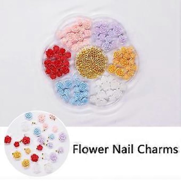 Färgglada 3D Akrylrosblommor Nagelcharms Mix Guldmetallkulor Pärlor Blomma Kawaii 3D Rosblommor Nagelcharms för Naglar Konst Tillbehör Leveranser DI