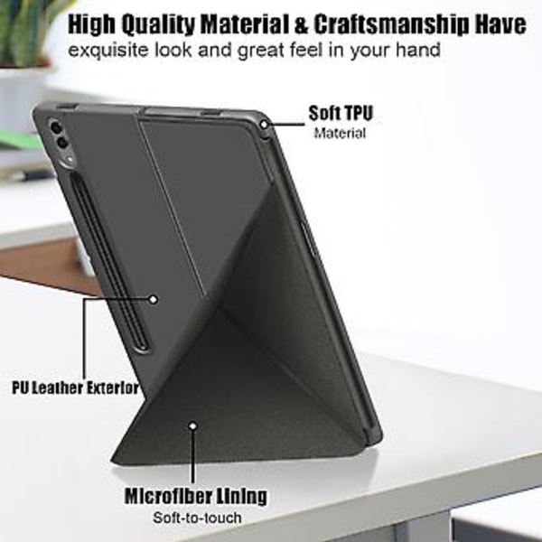 Multi-folding lærtablettveske for Samsung Galaxy Tab S9 (Grå)