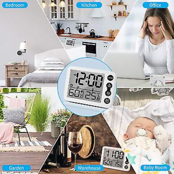 Hygrometer och digital rumstermometer för inomhusbruk med väckarklocka, för hem, kontor (Svart)