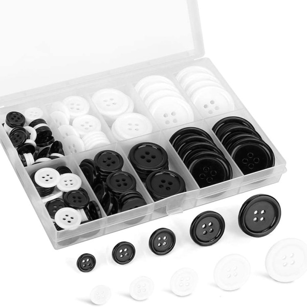 160 stycken svartvita knappar, skjortaknappar, 4 hålsknappar, runda knappar för sypyssel, resi