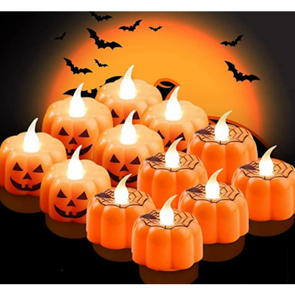 12 stk batteridrevne telys med gresskarlys, gresskar Hallowe