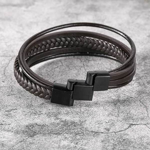 Läderarmband för män med magnetiskt spänne, ko-läder, flerskiktsarmband