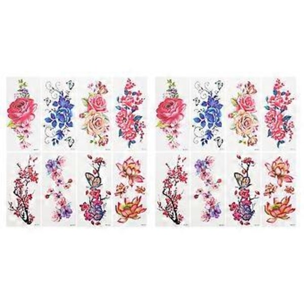 16 stk. Fargerike Blomster Tatoveringer Klistremerker Tatoveringer Ornament Blomster Tatovering Klistremerke