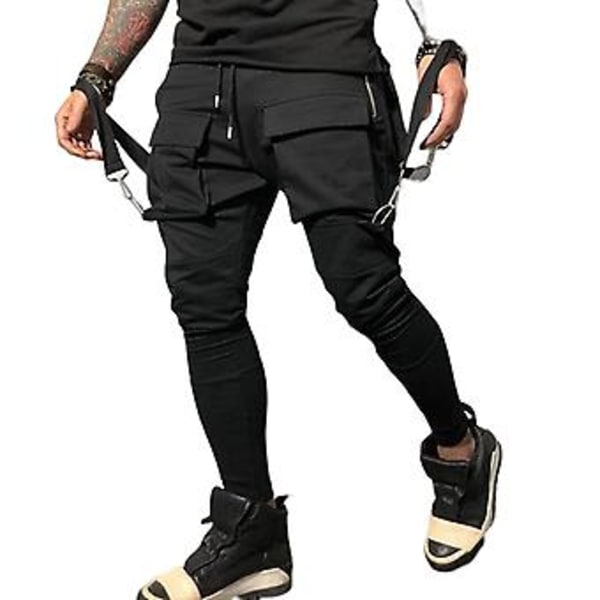 Herrbyxor med Elastisk Midja, Band, Mångfack, Cargo, Solid Färg, Mid-Rise, Casual, Hip Hop, Streetwear (XL Svart)
