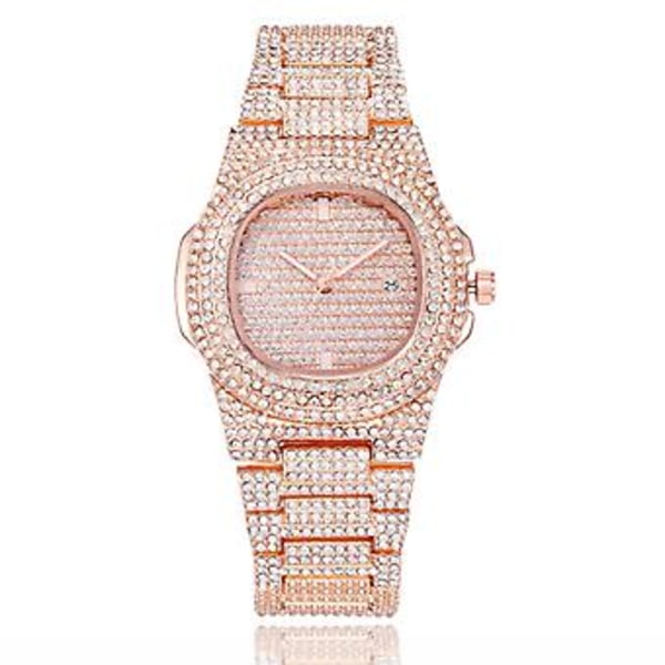 Lyxig Iced Herrklocka Bling Full Strass Datum Självlysande Kvarts Armbandsur (Roséguld)
