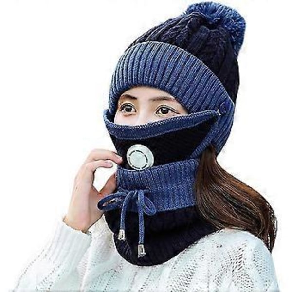 Vinter Strik Hue Dame Varm Ski Hue Tyk Pompon Fleece Hue Blå