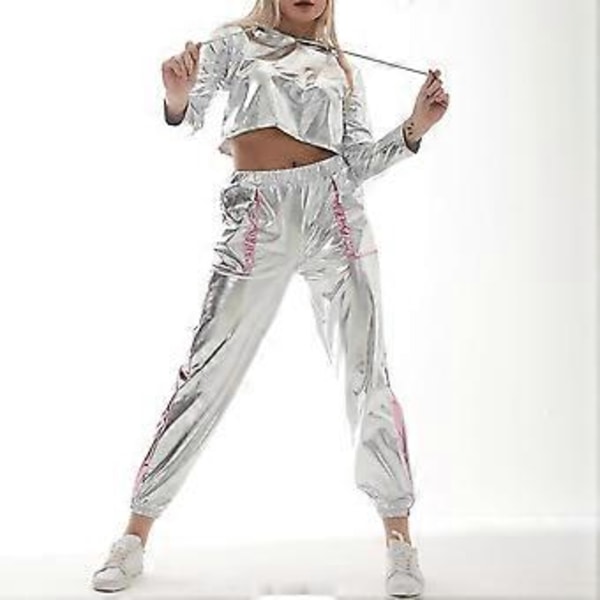 Rave-outfit för damer, glänsande crop top-hoodie, metalliska avslappnade långbyxor, hoodie-träningssweatshirt, discodans-klubbkläder (Large Silver-Pink)