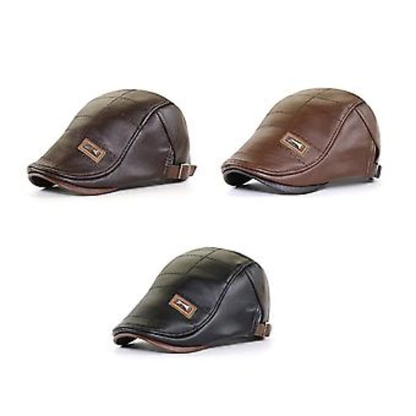 Herre skinncaps fiskecaps justerbar PU ivy cap avisguttehatt (Khaki)