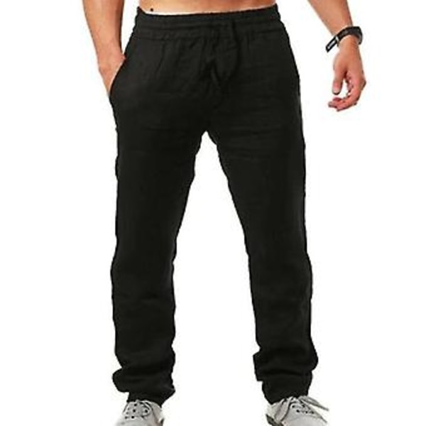 Mens Summer Harem Cotton Linen Pants Yoga Drawstring Loose Elasticated Trousers(XL Black)