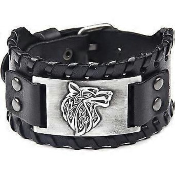 Retro Brett Metall Läderarmband för Män Punk Brett Manschettarmband Rock(varg huvud,silver)(STORLEK 1 )