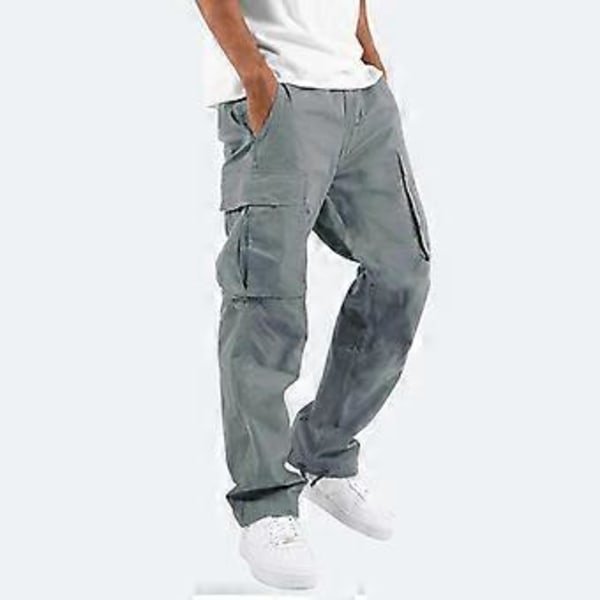 Cargo Byxor Herr Multi-Ficka Band Mjukisbyxor Streetwear Casual Herr Byxor Trousers(M grå)