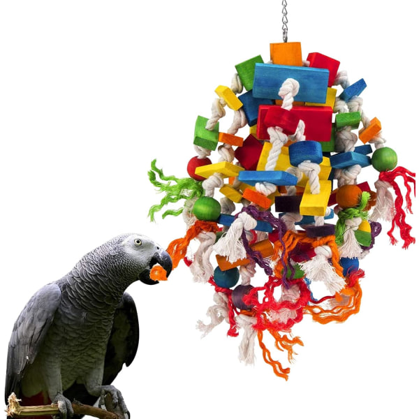 (1 förpackning) Stor papegojtuggleksak - Flerfärgad naturligt trä