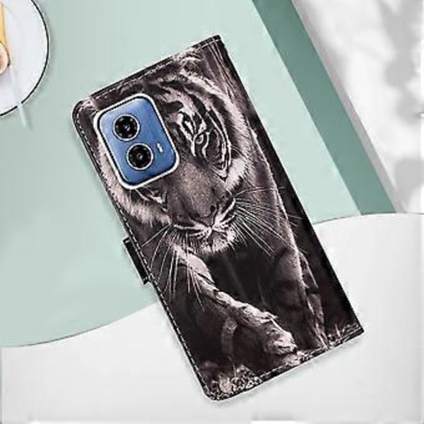 Enkelvävt PU-telefonfodral för Motorola Moto G34 (Svart och Vit Tiger)