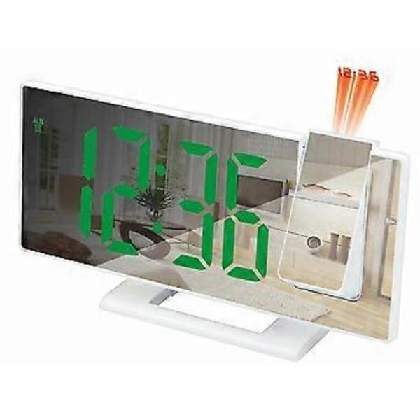 LED Digital Projektionsväckarklocka Temperatur Datum Snooze Takprojektor (vit med gröna bokstäver)