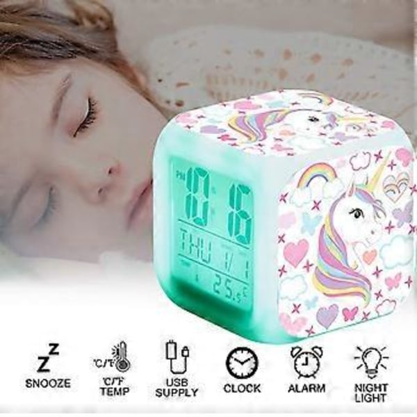 Unicorn Digital Väckarklocka för Barn, Glödande LED LCD Kub Sängklocka med Ljus för Sovrum och Födelsedagspresenter