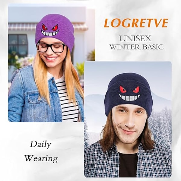 Anime Beanie Hatte til Mænd og Kvinder - Varme Vinter Cuffed Beanie med Broderi og Strikket Hætte