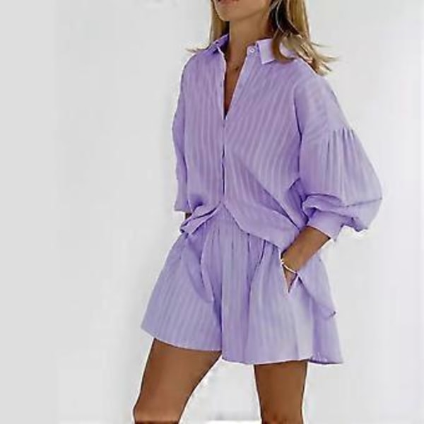 Efterårs- og vinterdametøj Stribet bobleærme Shorts Sans Afslappede outfitsæt (XL Lilla)
