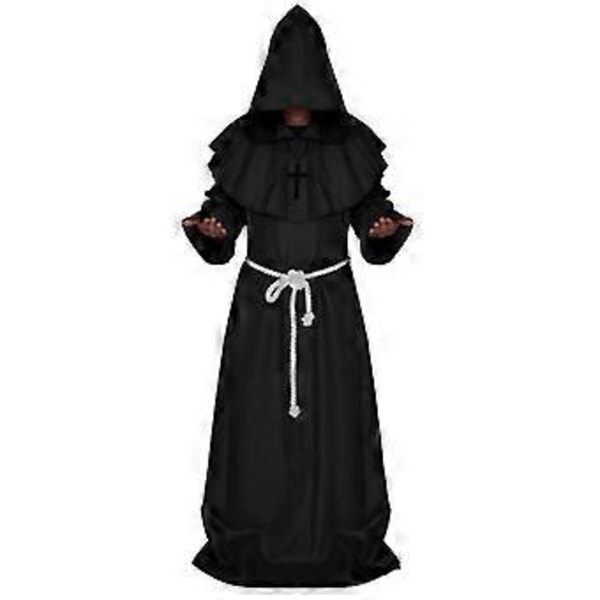 Halloween Munk Middelalderlig Præst Herre Munk Cosplay Hætteklædt Kåbe Kappe Cosplay Kostume Udklædning -NMAOV(XL Sort)