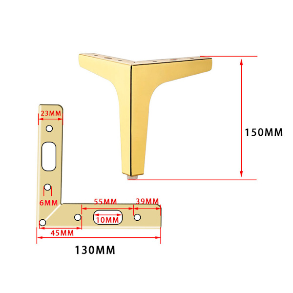 (15cm) Set med 4 gyllene metalliska triangulära sängben DIY möbelsoffa ben med skruvar