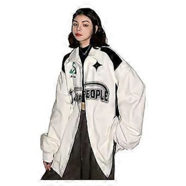 Lös passform medeltida mode dragkedja sweatshirt avslappnad sportjacka dam trendig baseballuniform (XXL Vit)