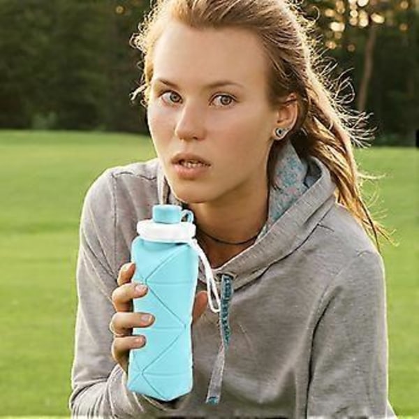 Nya Hopfällbara Vattenflaskor Muggar Läcksäker Ventil Återanvändbar BPA-fri Silikon Vikbar Resevattenflaska Mugg för Gym Camping Vandring Resor (Blå)