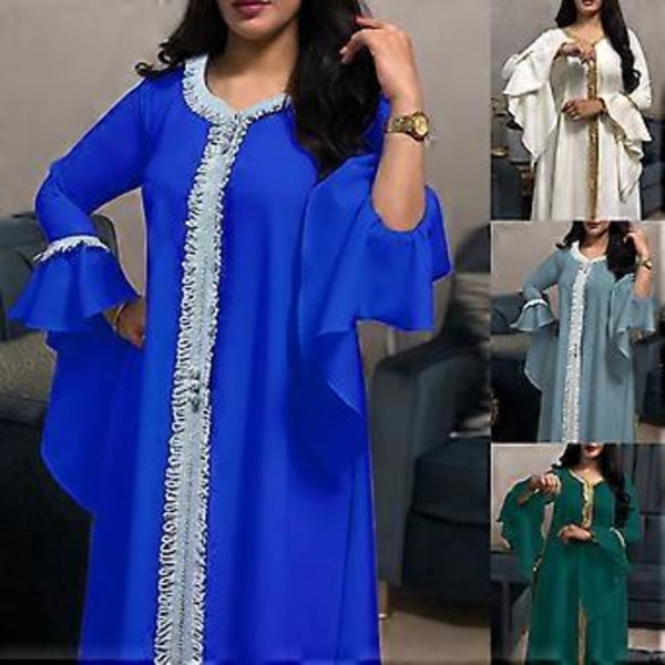 Lös Dubai Casual Kaftan Robe Broderad Muslimsk Klänning Abaya för Kvinnor (XL Blå)