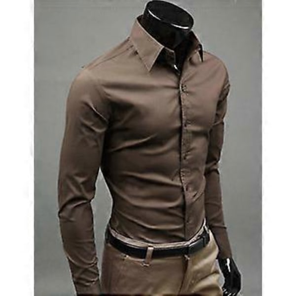 Langermet businesskjorte for menn, ensfarget, formell, fritidskjorte (2XL Brun)