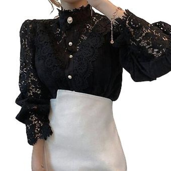 Langærmet Damebluse med Blonder, Fransk Bluser, Blomsterudskæring, Stående Krave (S Sort)