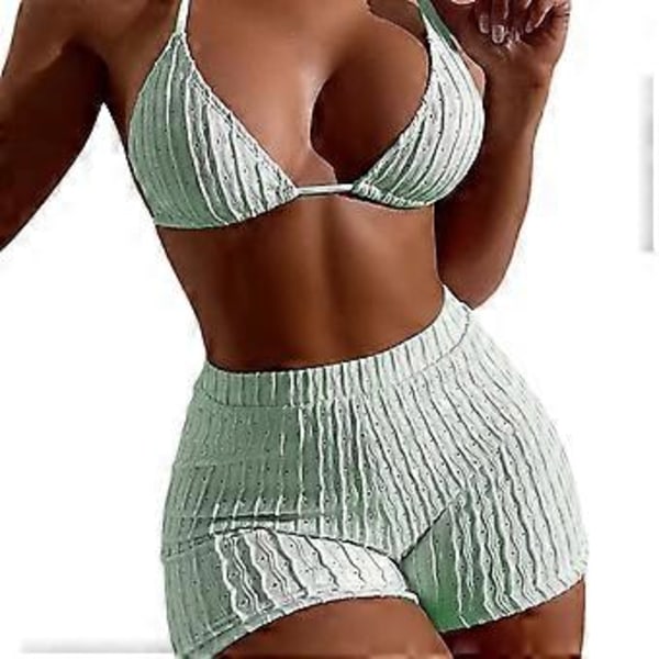 Tvådelad halter baddräkt för damer, atletisk push up bikini set badkläder med boyshorts ribbad mesh sportig baddräkt Mintgrön S(S Mintgrön)