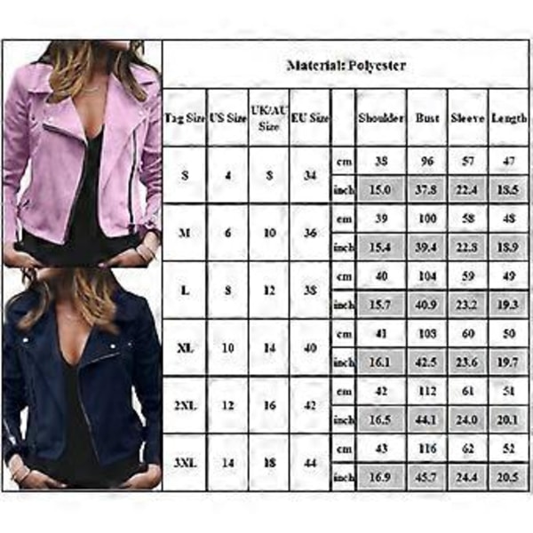 Dame Lapel Plain Zip Up Biker Jakke Afklippet Suit Dame Blazer Langærmet Frakke Slim Fit Yderbeklædning (2XL Pink)