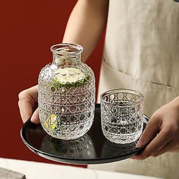 Retro Klar Glas Sengelampe Nat Vandkaraffel med Tumbler Glas, 440 ml Relief Glas Kande og 150 ml Kop Nat Sæt Hvid (Multifarvet)