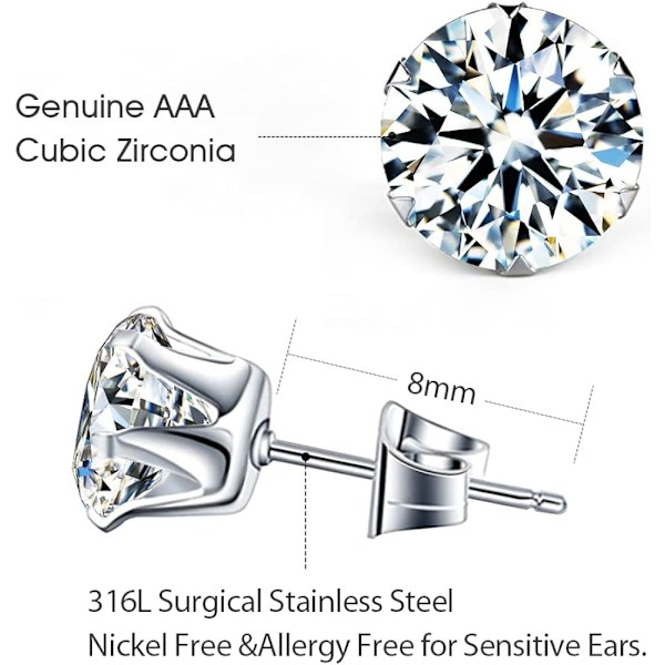 6 Par Örhängen i Rostfritt Stål med Cubic Zirconia - Hypoallergena