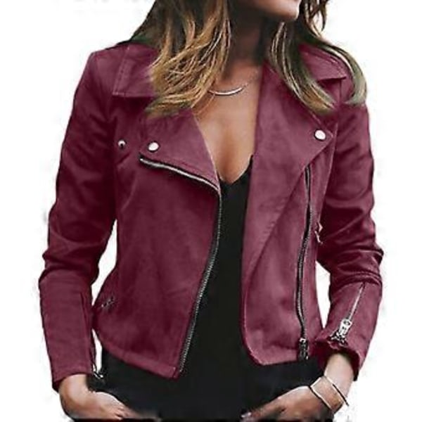 Dame Lapel Plain Zip Up Biker Jakke Afklippet Suit Dame Blazer Langærmet Frakke Slim Fit Yderbeklædning (L Vinrød)