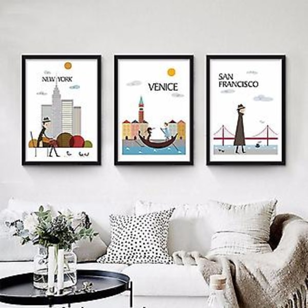 Wekity Minimalistisk Bylandskab 2 Væghængt Canvas Print Poster, Enkel Mode Akvarel Kunsttegning Dekoration til Hjemmet Stue Soveværelse Kontor og Chi