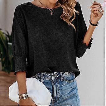 Dame Basic Tee Bluser Rund Hals 3/4 Ærme Basic T-shirts Casual Tunika Top Ensfarvet Løs Pasform Tunika Top Bluser Tee Top Pink S(S Pink)