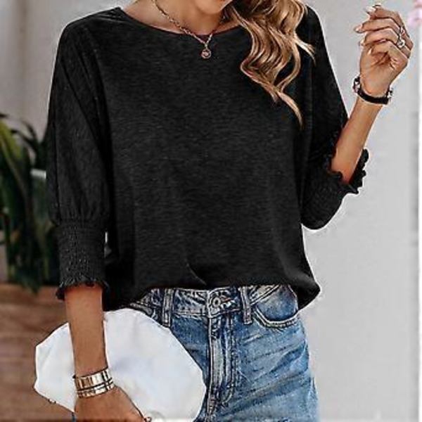Dame Crew Neck 3/4 Erme Basic T-skjorter Solid Løs Søt Tunika Topp Bluser Basic Tee Bluser Tee Topp Casual Tunika Topp Hvit L(L Hvit)