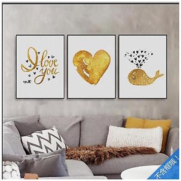 Wekity Love and Whale Väggkonst Canvas Print Poster, Enkel Söt Guld och Svart Konst Ritning Dekoration för Hem Vardagsrum Sovrum Kontor och Barns Rum