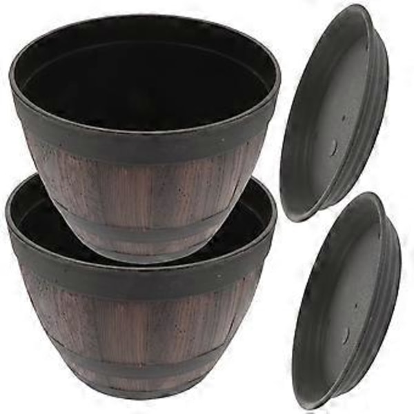 2 Set Dräneringshål Blomkrukor Imitation Trä Retro Planteringskrukor med Fat
