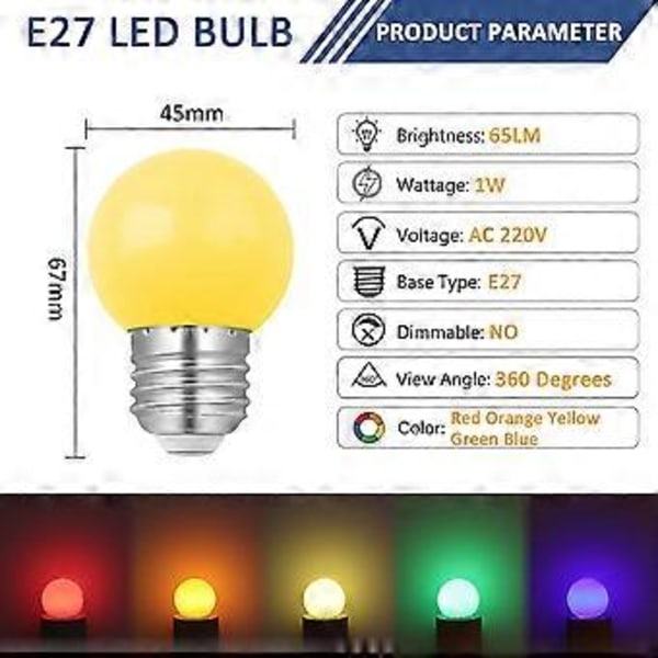 10-pak 1W E27 LED farvet lyspære, svarende til 10W glødepære, 1W G45 farvet energieffektiv lyspære, mini globuslyspære, rød grøn blå eller