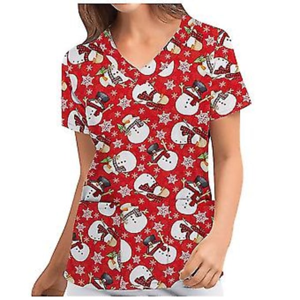 Jule-Sygeplejerske Uniform Scrub Kortærmet T-shirt Jule-Blouse Tee Tops V-Hals (S Carmine)