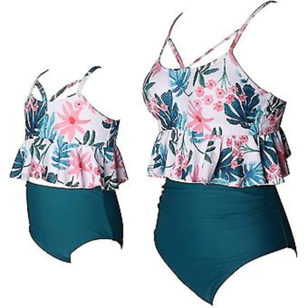 Flickbaddräkt Tvådelad Bikini Set Volang Falbala Badkläder Baddräkter-e( J2001 Blå)