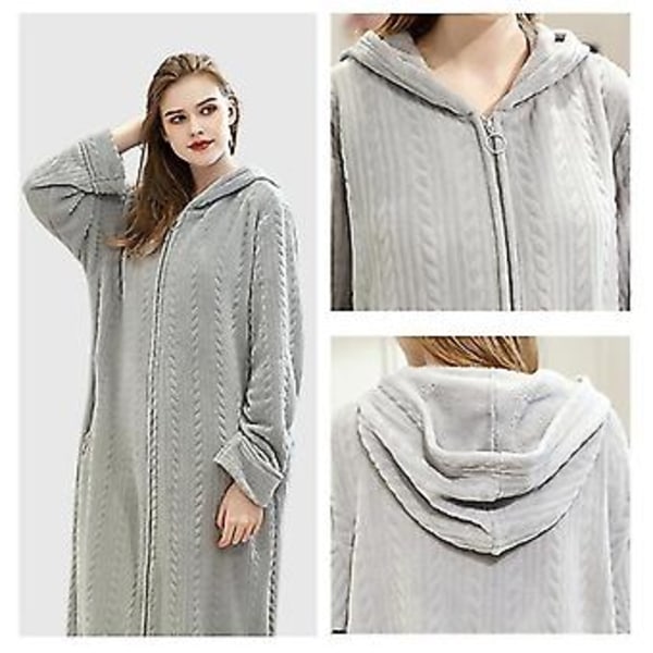 Dames Hættetrøje Badekåbe Varmt Blødt Kvinders Fleece Lynlås Lang Kåbe (XL Lysegrå)