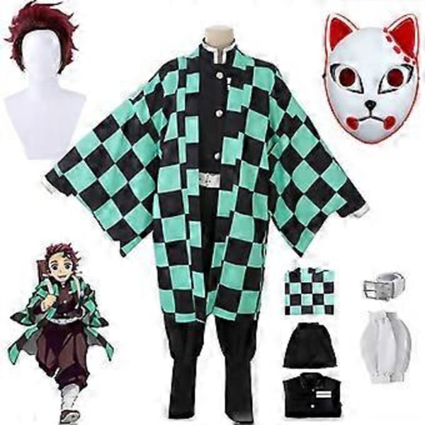 Anime Demon Slayer Tanjirou Kamado Cosplay Kostym Kimono Kappa Kläder Halloween Karneval Party Kostym Set (S Kläder C)