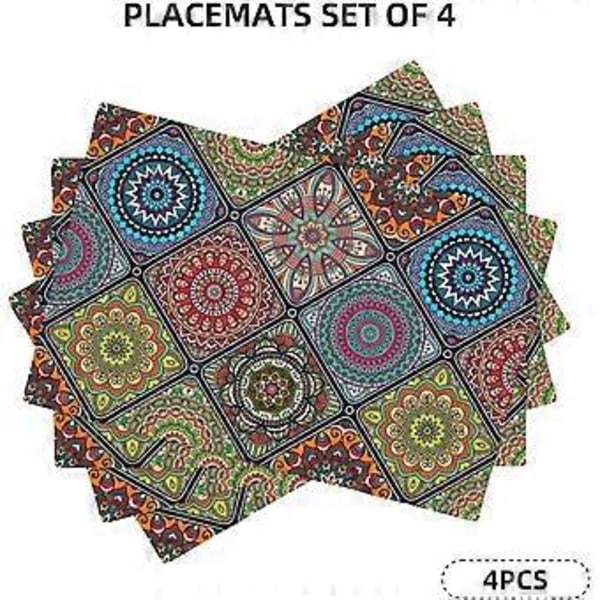 Boho Mandala Bordstabletter Set om 4, Färgglad Bohemisk Design för Köksmatbord