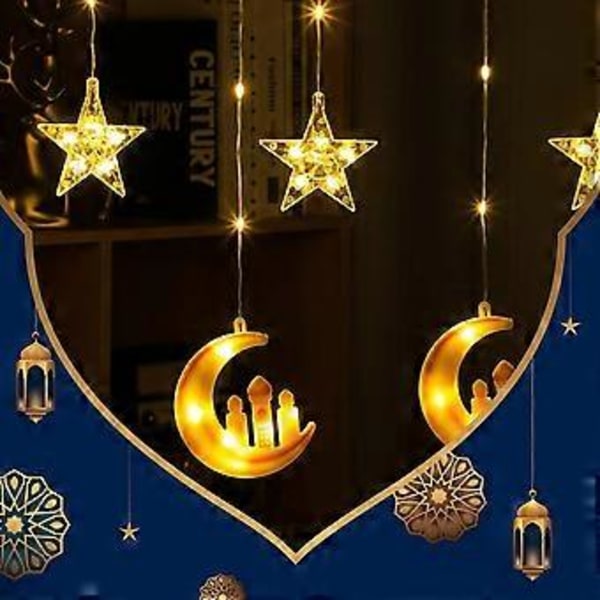 95 LED Ramadan-ljusslingor Dekorationer LED Stjärna Måne Gardinlampor för Sovrum Hem Utomhus Eid-lampor med USB-fjärrkontroll 8 Belysningslägen Eid